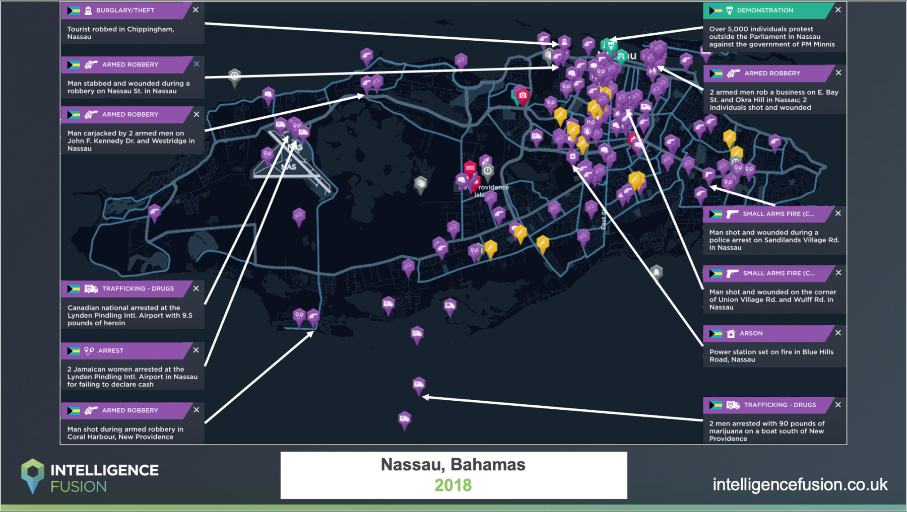 A map depicting the significant security incidents in Nassau, Bahamas